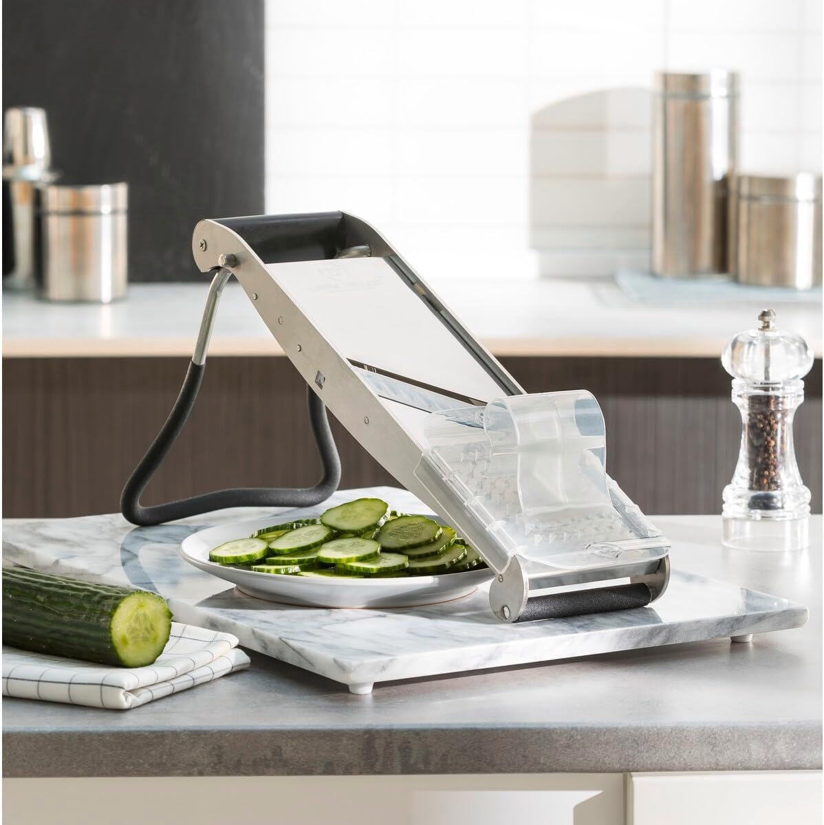 BRON COUCKE Professional Mandoline - Stainless Steel - with Pusher and Ergonomic Stand - Slices Fruits and Vegetables - Adjustable Thickness