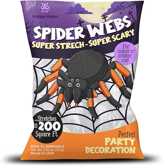 Happy Hippo Halloween Spider Web Decoration, Plastic Spider Webs, Party Supplies (Small, 200 Sq Feet)