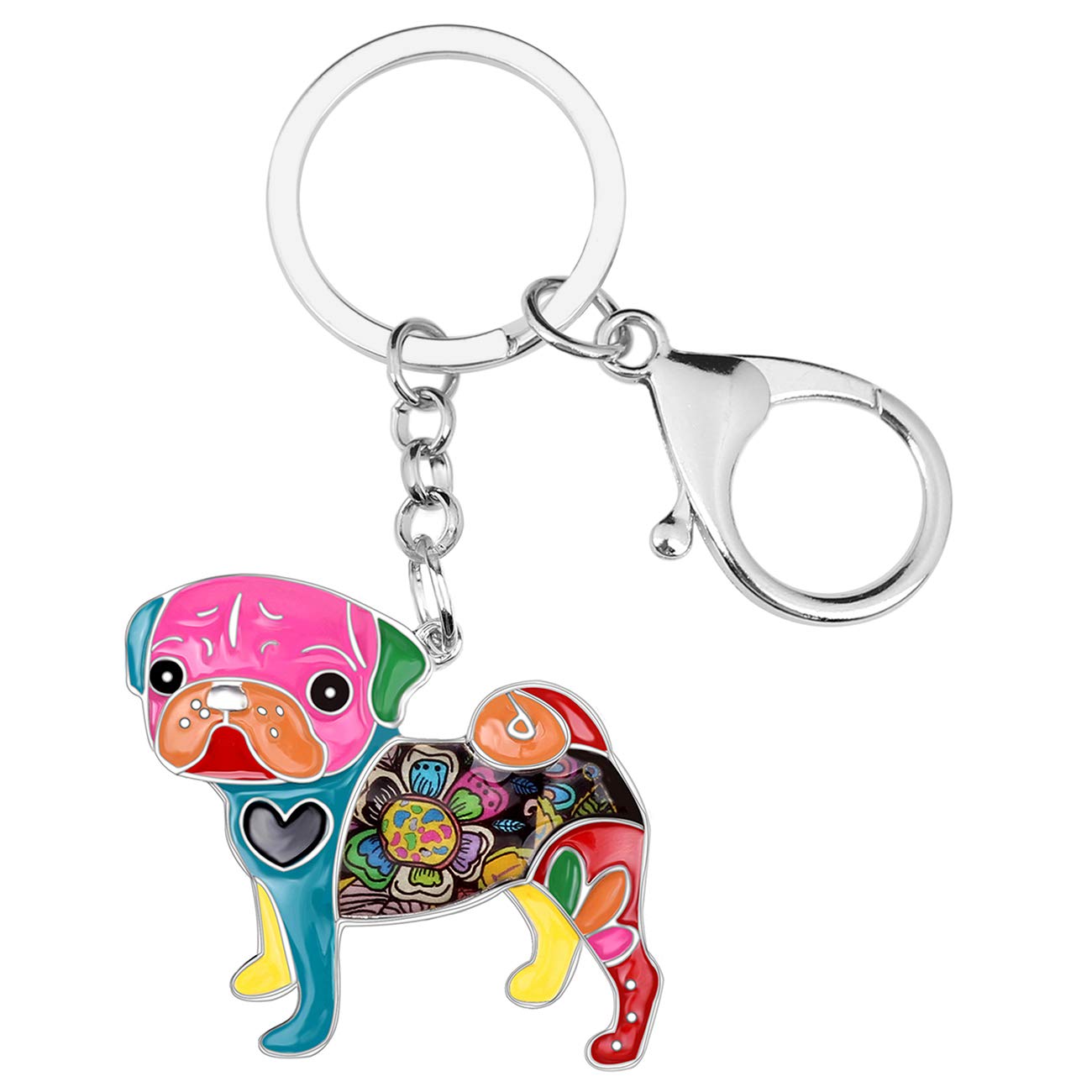 Bonsny Women's Multicoloured Enamel Metal Floral Pug Dog Keychains For Key Car Purse Bags Charms (Multicoloured)