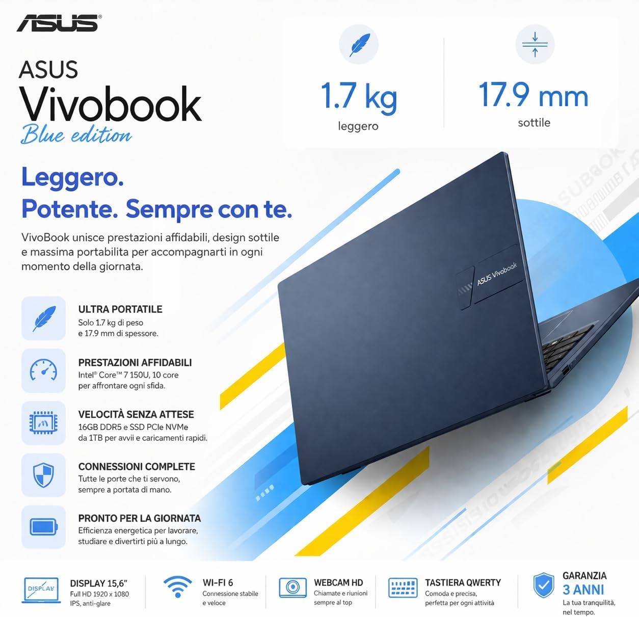 ASUS Notebok Vivobook, Intel Core 7 150u 10Core, DDR5 Ram 16Gb, SSD Pci Nvme da 1 Tb, WI-FI 6, Webcam, Usb3.2, Hdmi, Bt5.3, tastiera qwerty, Garanzia 3 anni, Blue Edition, Preconfigurato