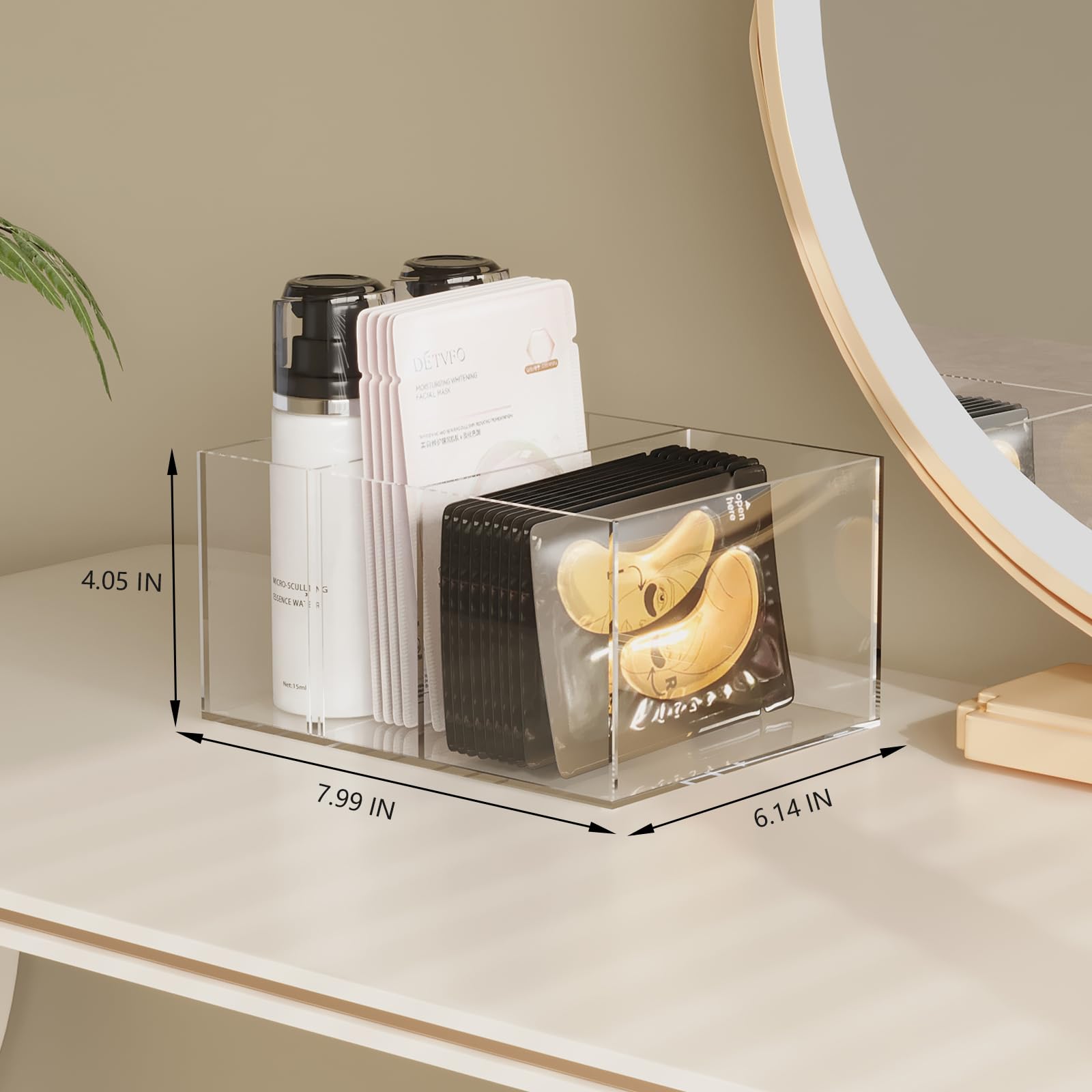 Acrylic Face Mask Organizer for Sheet Masks with Adjustable Dividers, Multifunctional under Eye Patches Organizer, Mask Display Stand for Skincare Storage, Makeup and Vanity Storage (Masks Not Included)