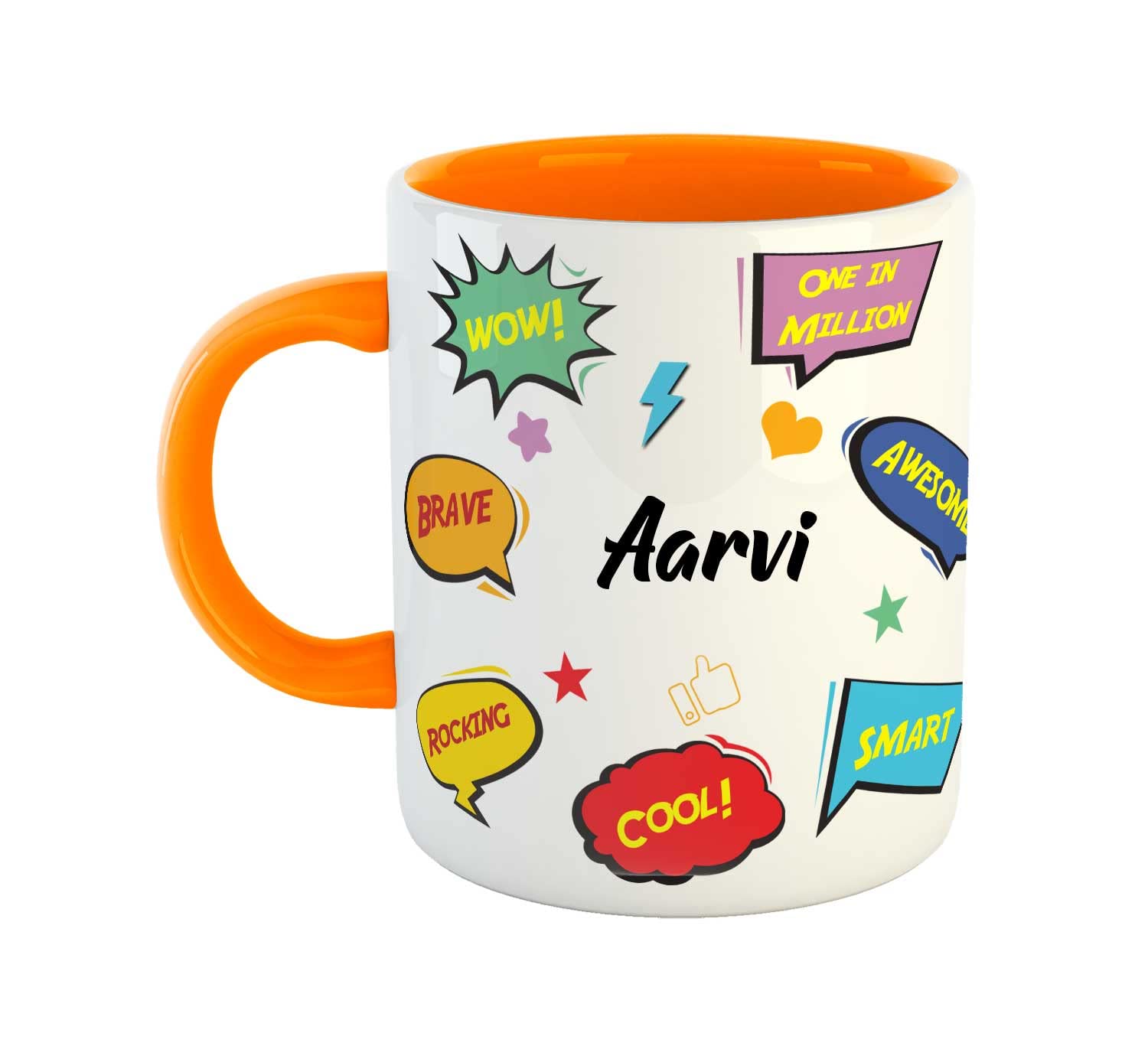 ASHVAH Customized Aarvi Name Ceramic Coffee Mug - Happy Birthday Gift for Daughter, Sister, Wife, Friend, Return Gift for Kids, Color - Orange, Name -Aarvi