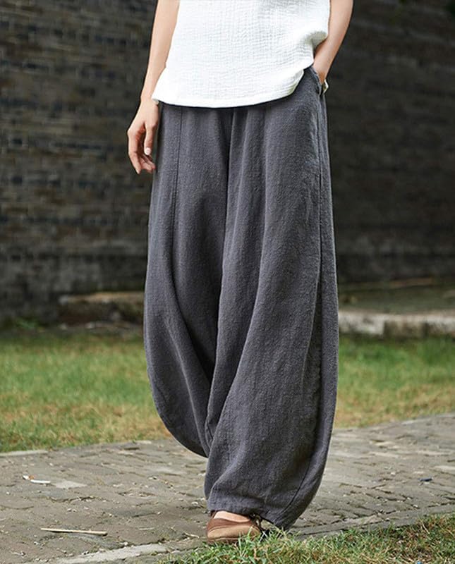 ZOCAVIA Cotton Linen Pants for Women Summer Causal Baggy Wide Leg Pants Waist Elastic Relax Fit Lantern Trouser with Pockets2