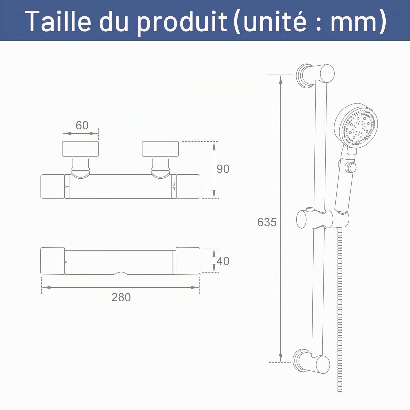 Ensemble de Douche avec Mitigeur Thermostatique avec Barre 635mm en Laiton | Système de Douche Thermostatique avec Mitigeur,Réglable Barre,Douchette à Main 5 Jets, Flexible Tuyau 1.5M, G 1/2", Chromé