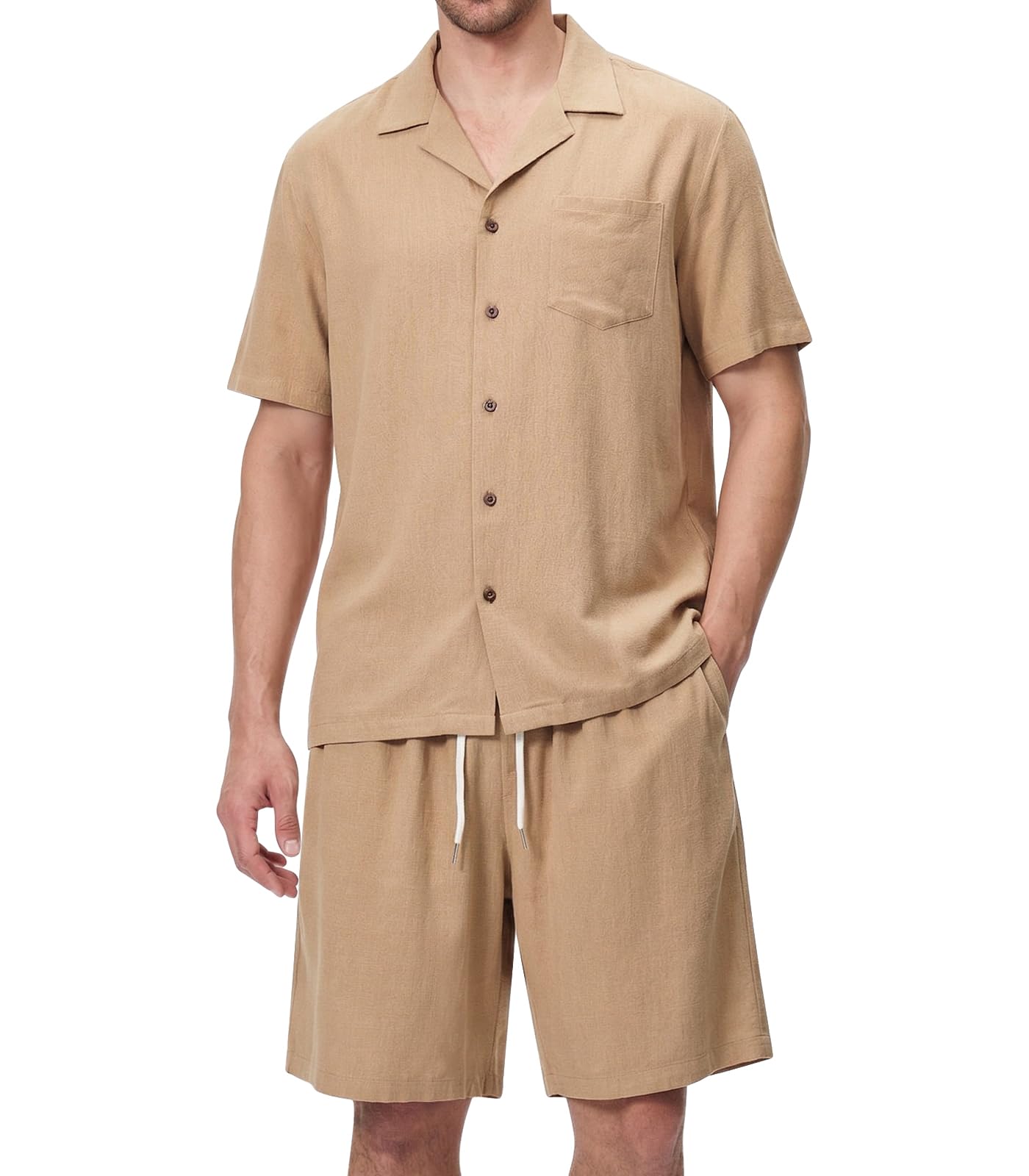 Conjunto Camisa y Pantalones cortos para Hombre Lino Casual Playa Verano 2 Piezas
