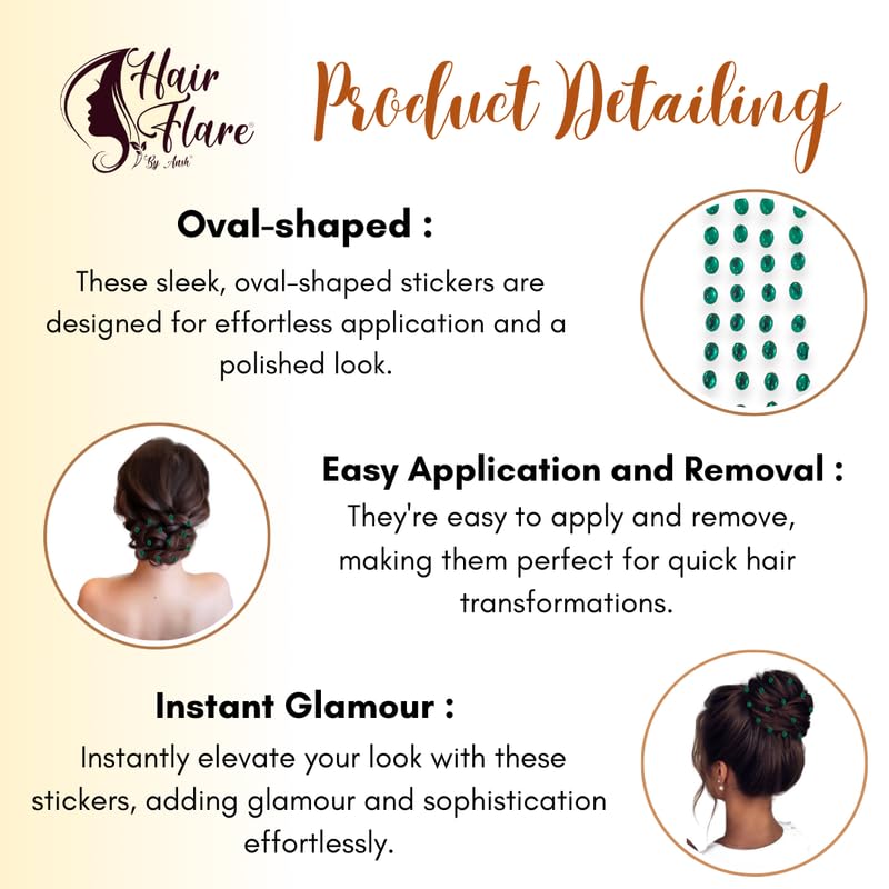 Image of Hair Flare Shimmering Oval Hair Stickers: Easy Stick-On Hair Accessories, 36 Pieces per Pack 2869 DarkGreen
