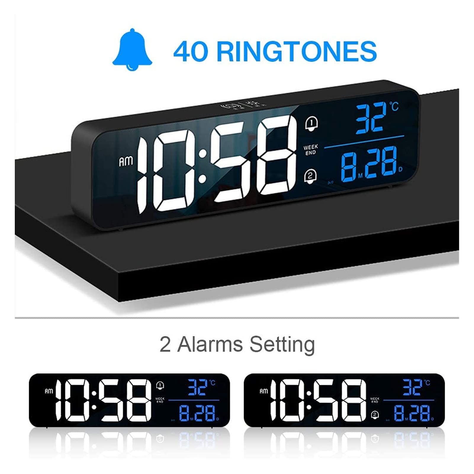 Budzik do sypialni Aceshop 10.4" DOPROWADZIŁO Mirror Bedside Clock Akumulator elektryczny budzik z temperaturą i datą, 40 Muzyka, Dual Alarm, Snooze, 5 Jasność Ściemniana, do Home Office Travel