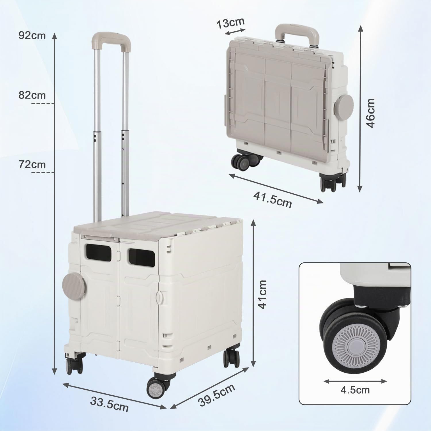 Einkaufstrolley 50 Liter mit 4 Rollen, 2 Bremsen, klappbar & stapelbar, bis 55kg belastbar, großer Transportwagen für Umzug, Camping, Garten (Schwarz/Weiß)