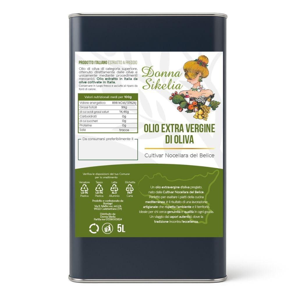 Donna Sikelia Olio Extravergine di Oliva 5L da Olive Cultivar Nocellara del Belice 100% Italiano Estratto a Freddo Fruttato Medio Lattina