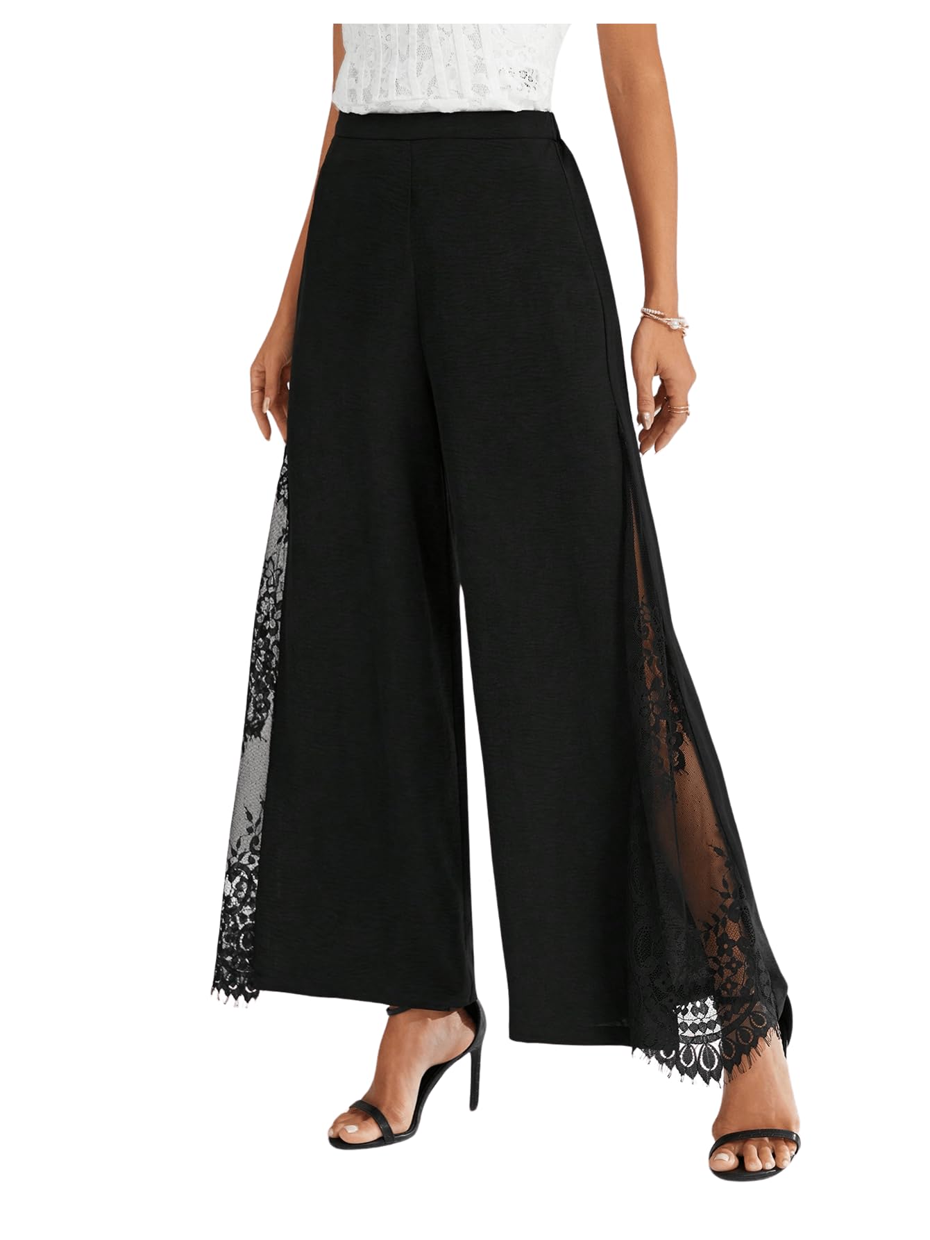WDIRARA Womens Flowy Split Side Sheer Lace Wide Leg Flare Palazzo Pants