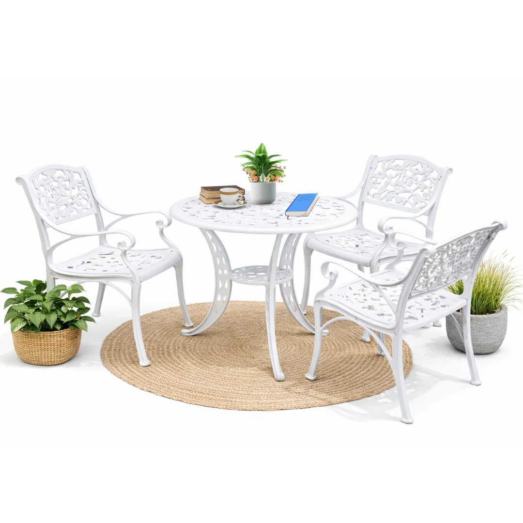 Cast Aluminium Outdoor Dining Set with 3 Chairs & 1 Table | Heavy Duty Garden Patio Furniture | Weather Resistant PU Coated Metal Balcony Lawn Terrace Cafe Furniture Set (White 3 Chair and 1 Table)-image-24