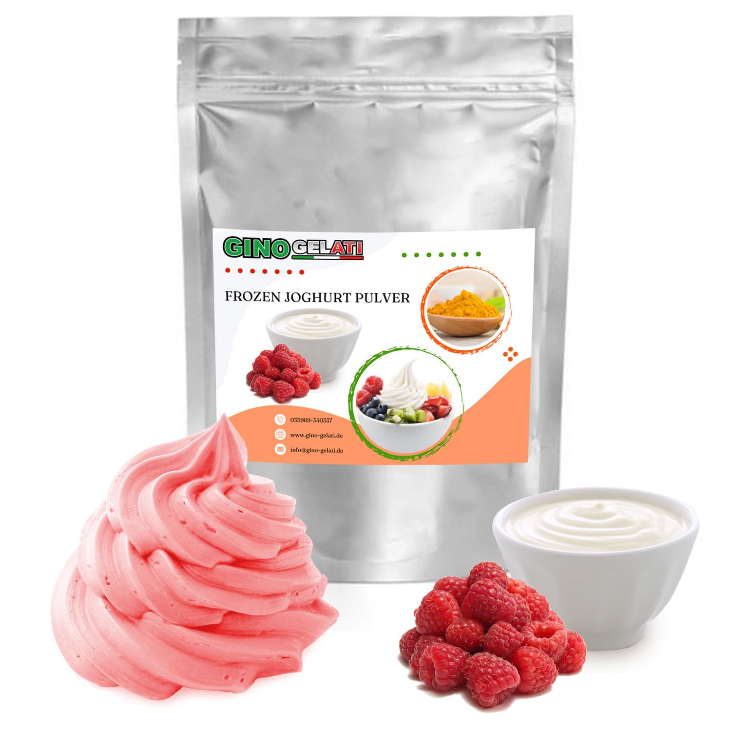 Gino Gelati Frozen Joghurt Pulver mit verschiedenen fruchtigen Geschmäckern, schnell Zubereitet, einfache Herstellung ohne Eismaschine möglich, Made in Germany (1 Kg, Joghurt Himbeere)
