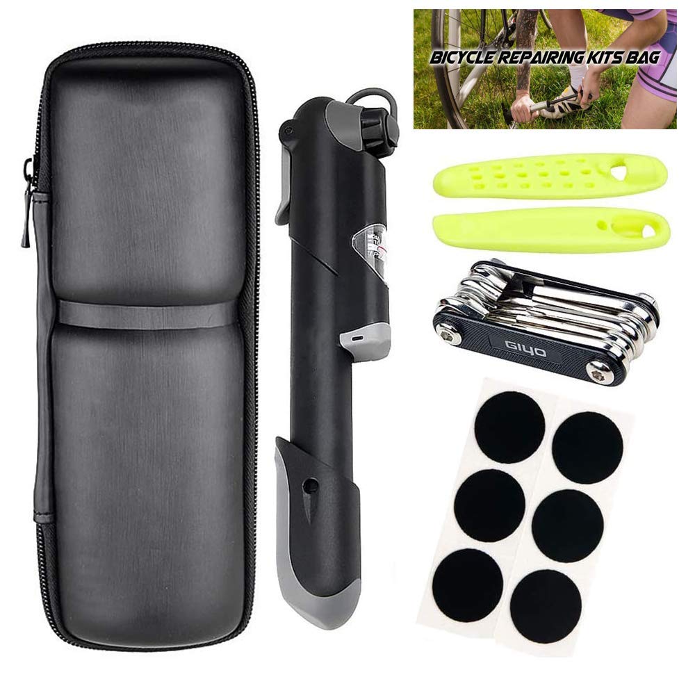 Kit réparation de pneu vélo MU Bike avec mini pompe à manomètre et patch autocollant tube