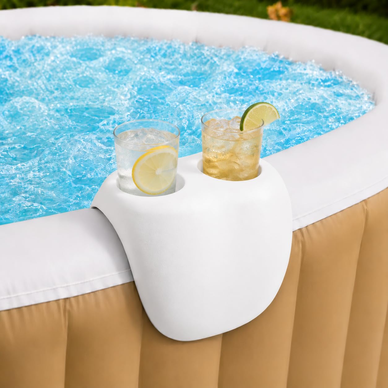 UHOMEPRO Porte-gobelet gonflable pour jacuzzi, plateau de boisson avec deux porte-gobelets, plateau latéral pour boissons, verres à vin et essentiels, support universel pour jacuzzi pour spa en plein