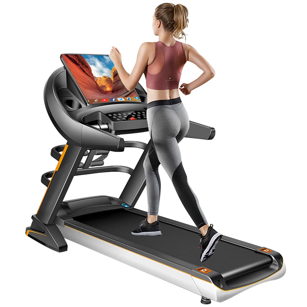 COOLBABY Automatic FoldableTreadmill with massager, 5.5 HP Peak Motor for Home Use, Auto Incline,150Kgs weight capacity and 15.6 inches Touchscreen Display with Wifi, Black