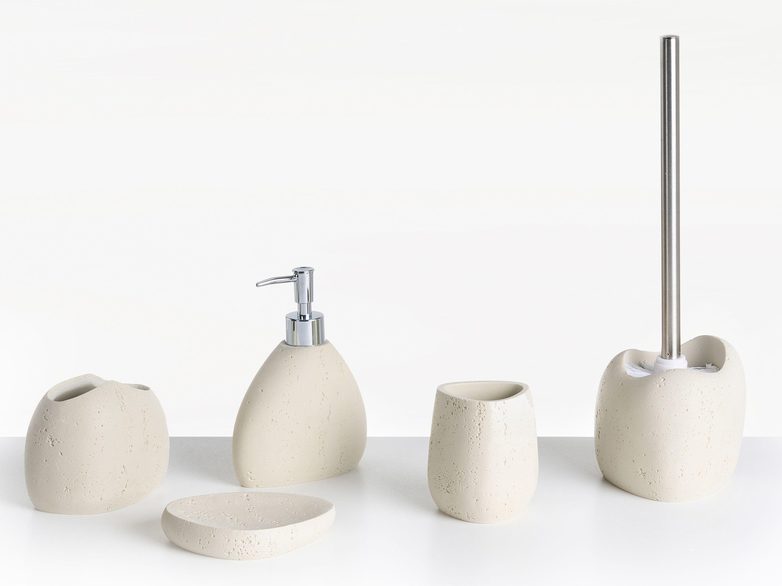 Conjunto de Accesorios de baño jabonera dispensador de jabón escobilla para el Inodoro Vaso Soporte para cepillos de Dientes Beige Claro Coata