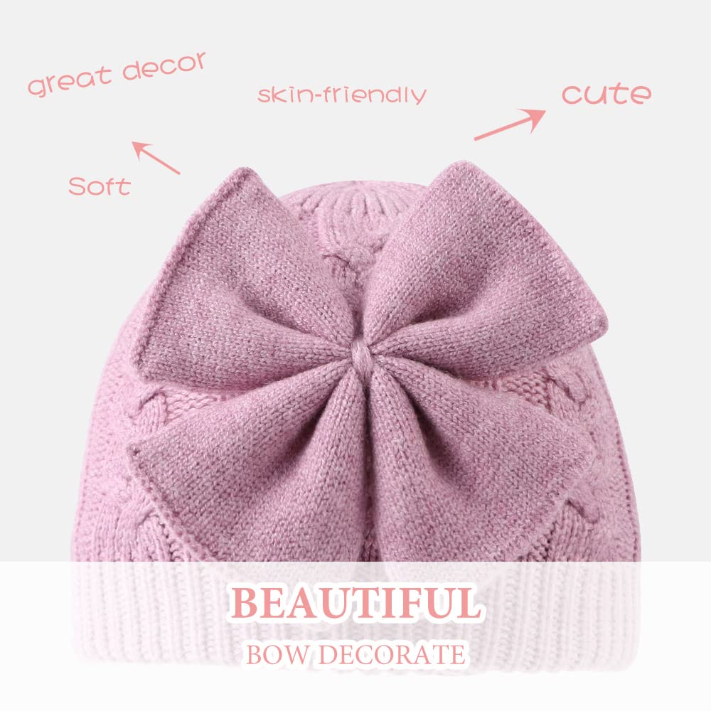 XIAOHAWANG Cappello Invernale per Bambina Nodo Rosa Cappello Bianco Grigio Lavorato a Maglia per Bambini Copriorecchie da 0-6 Anni