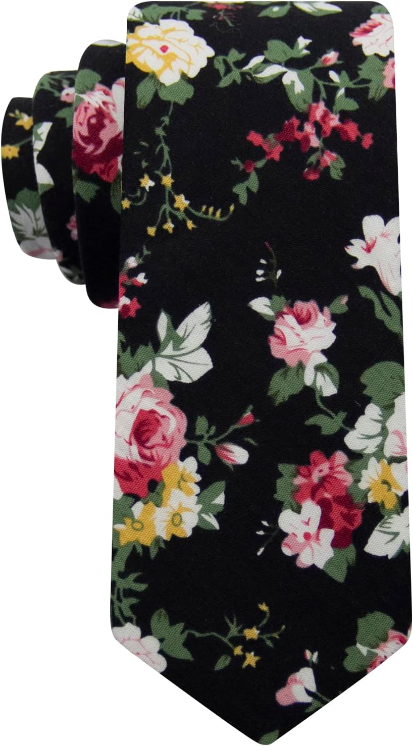 Mantieqingway Men's Cotton Printed Floral Neck Tie Skinny Tie Black Floral