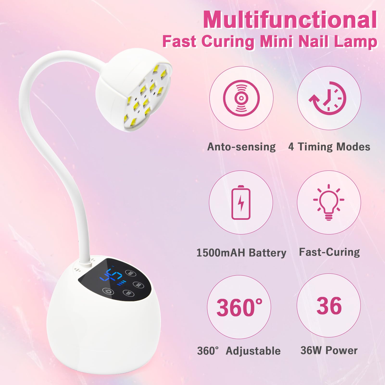 CGBE UV LED Nail Lamp, 36W Mini Cordless Flash Cure Lamp, USB Rechargeable Goosenecks LED Nail Light for Gel Nails with 4 Timers & Auto Sensor for Salon Home DIY Use, White