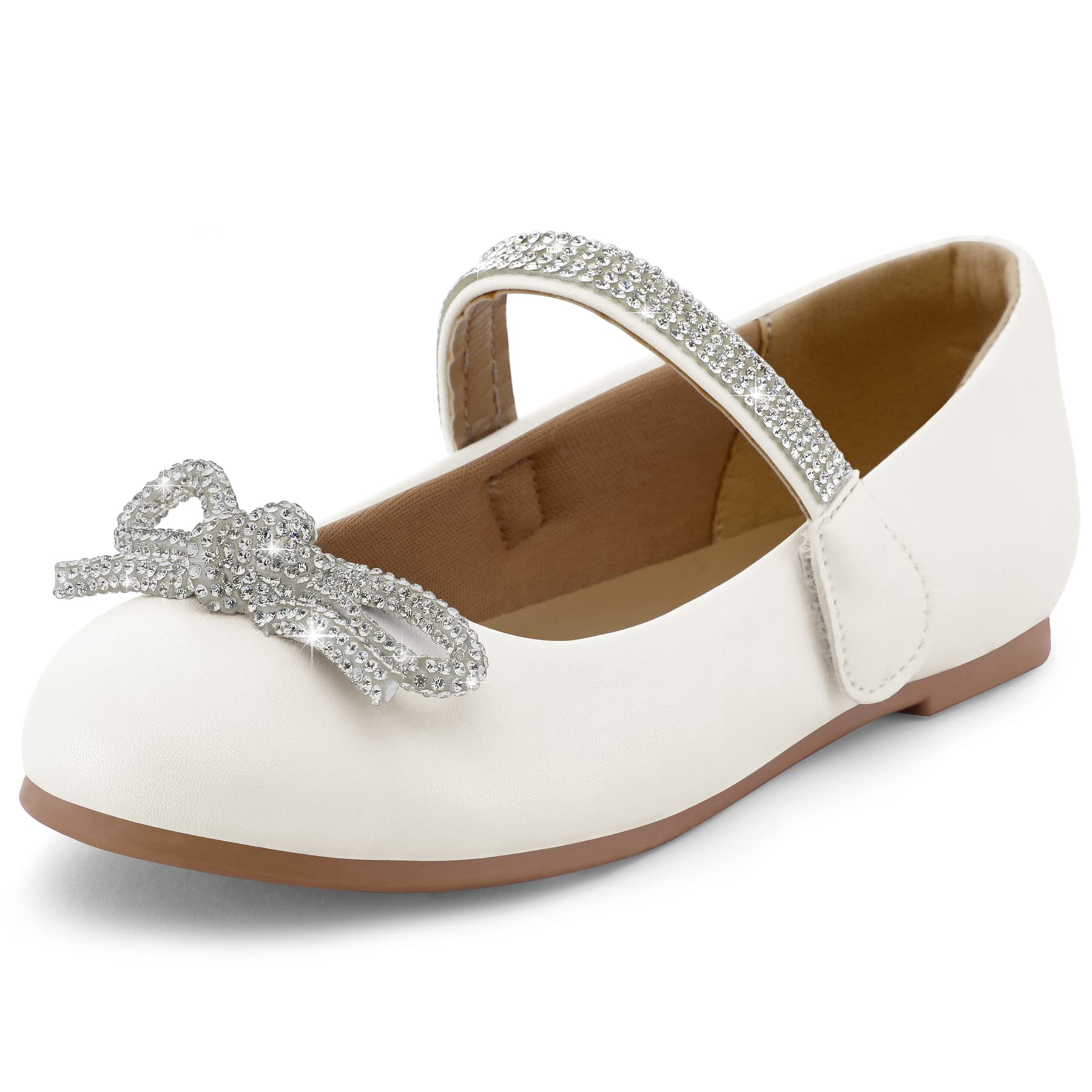 K KomFormeGirl's Bow Mary Jane Dress Shoes Ballet Princess Flats with Rhinestone Strap for Party Wedding School（Toddler/Little Kid/Big Kid）