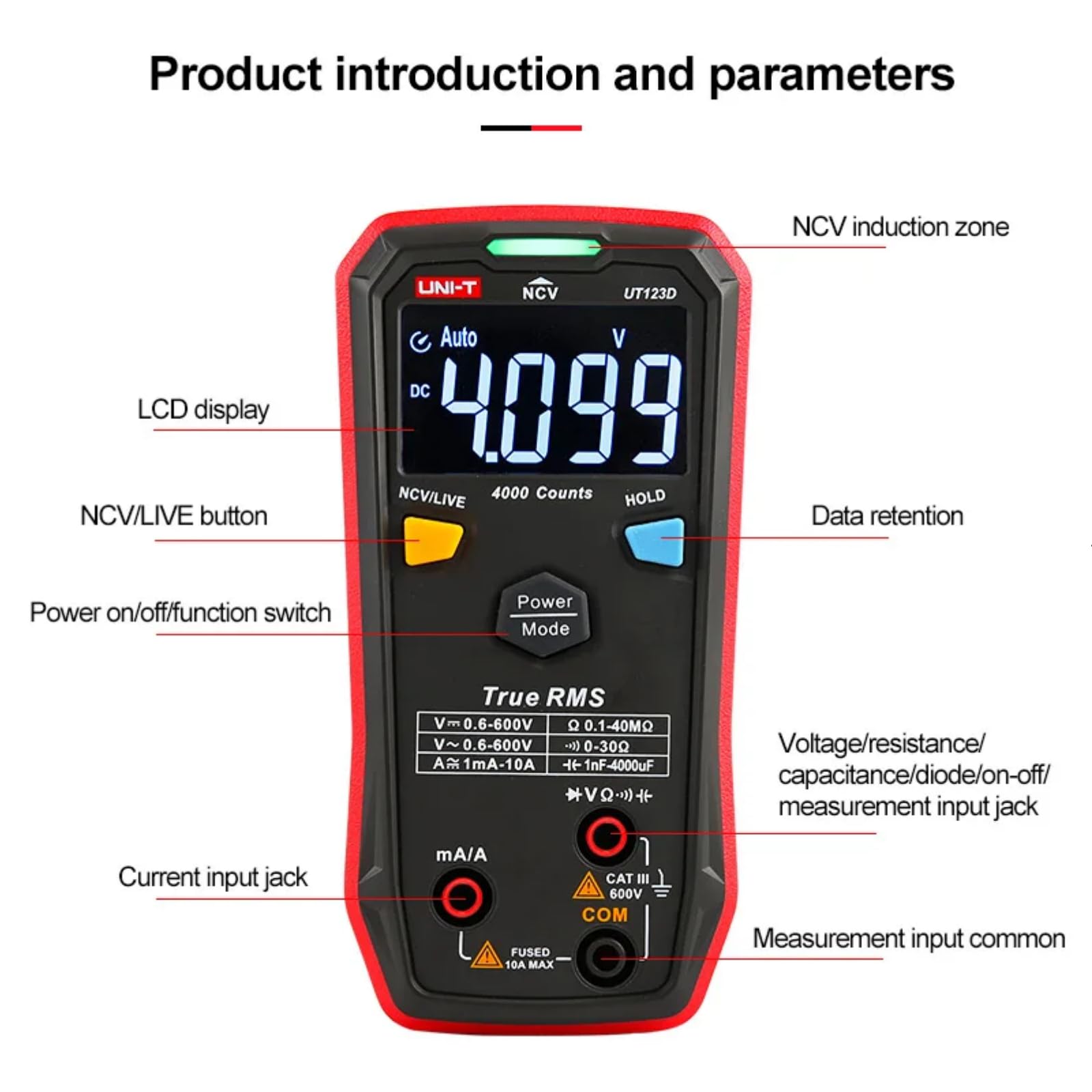 UNI-T Digital Smart Multimeter UT123D True RMS EBTN Display DC AC Voltage Current Tester Capacitance Meter Measuring Instruments