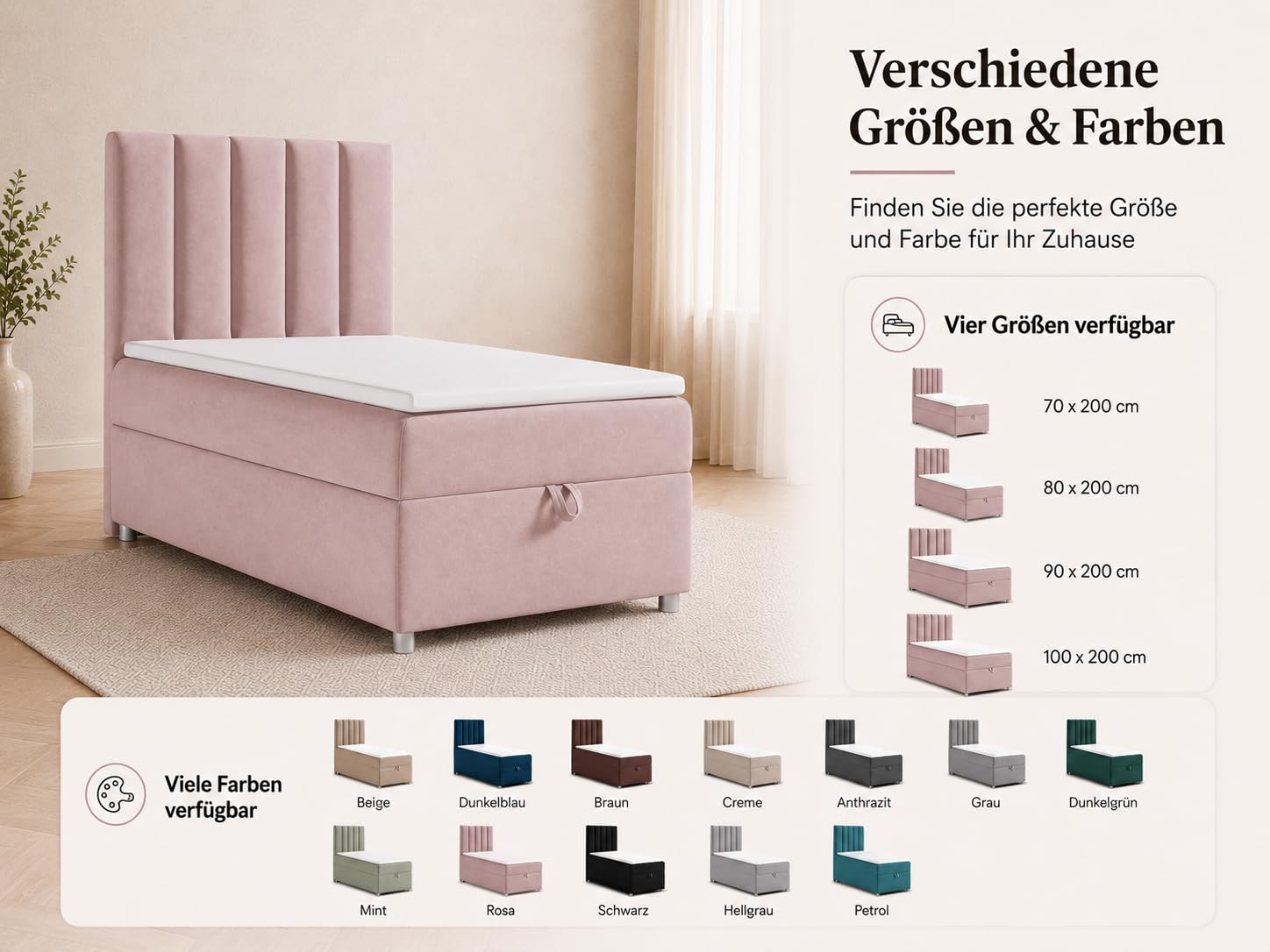 Trinity K10 EinzelBett | Boxspringbett mit Bonell Federkernmatratze 90x200 | MatratzenTopper 90x200 | Bett mit Matratze | Bett mit Stauraum