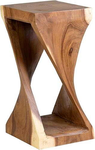 East at Main Cason - Mesa auxiliar de madera maciza, mesa auxiliar de madera de teca tallada a mano con diseño de base abierta