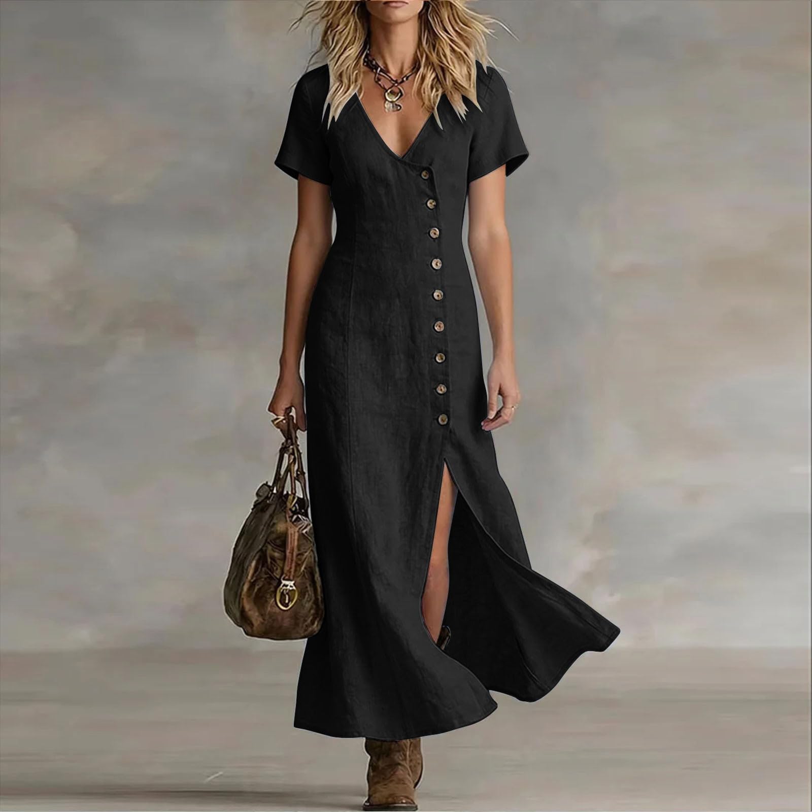 Vestidos Verano Mujer Cuello V Vestido Mujer Verano Casual Mangas Cortas Sueltos Vestido Largo con Botones Cintura Alta Ligero Cómodo y Transpirable Vestidos para Playa Vacaciones y Uso Diario