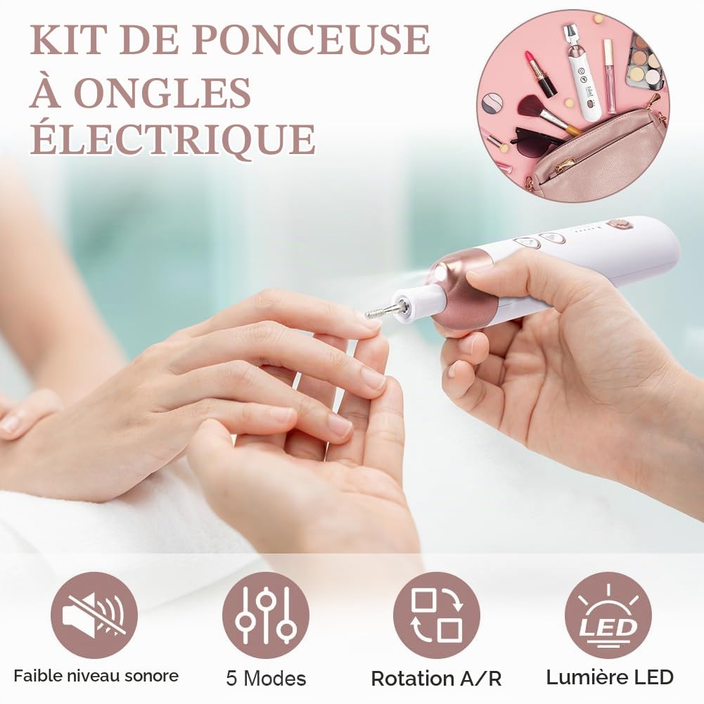 Set De Manucure/Pédicure, Kit De Soin Des Ongles Électrique, Ponceuse Pour Ongles Avec 8 Embouts, 5 Vitesses Et Deux Sens De Rotation, Ensemble Manucure/Pédicure Pour Le Soin Mains Et Pieds