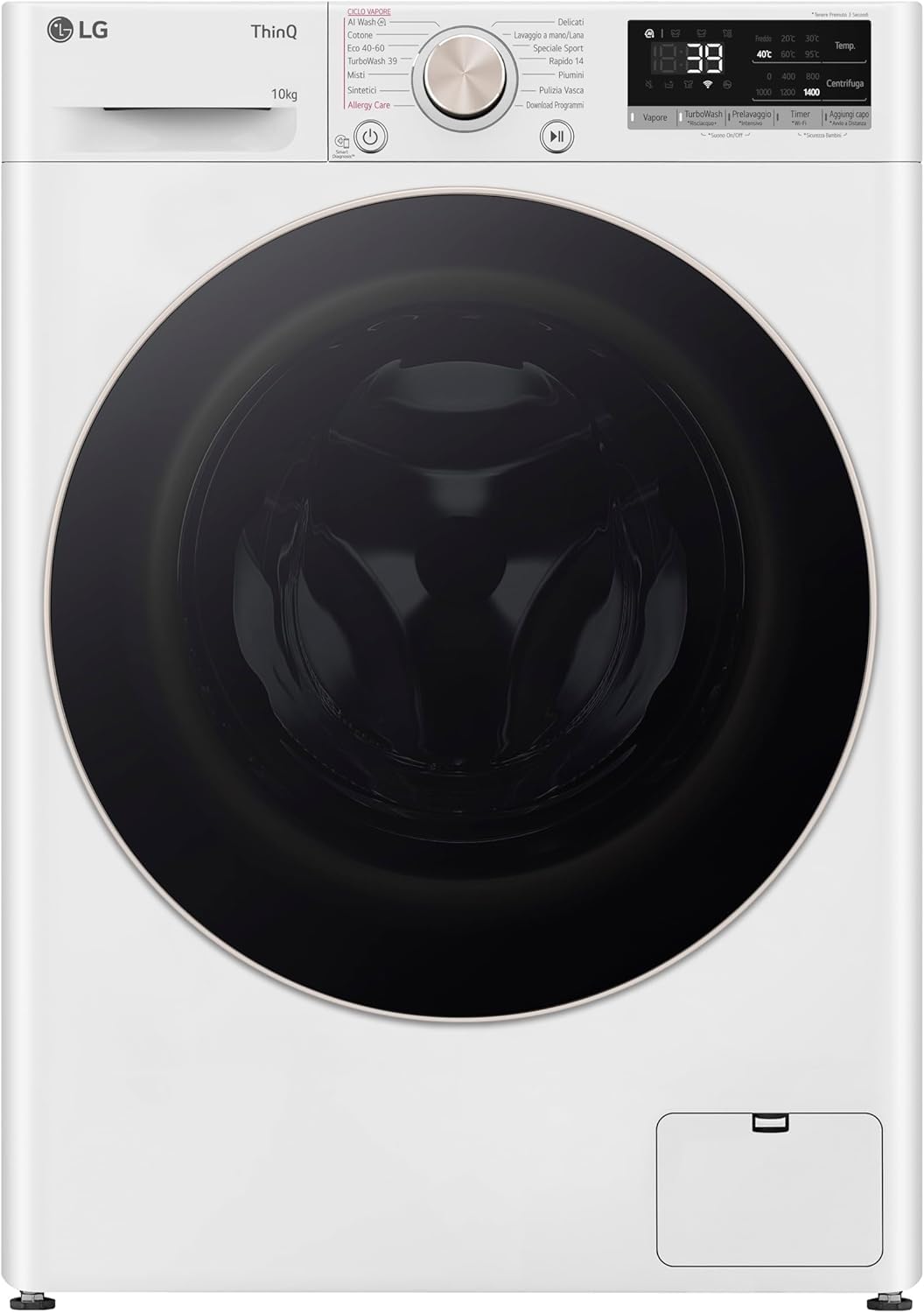 LG AI DD F4R7010TSWG Lavatrice 10 kg Classe A -10%, 1400 Giri, Carica Frontale con Oblò in Vetro Temperato, Funzione TurboWash 360, Vapore su 7 Programmi, Wi-Fi, Libera installazione, Serie R7, Bianca