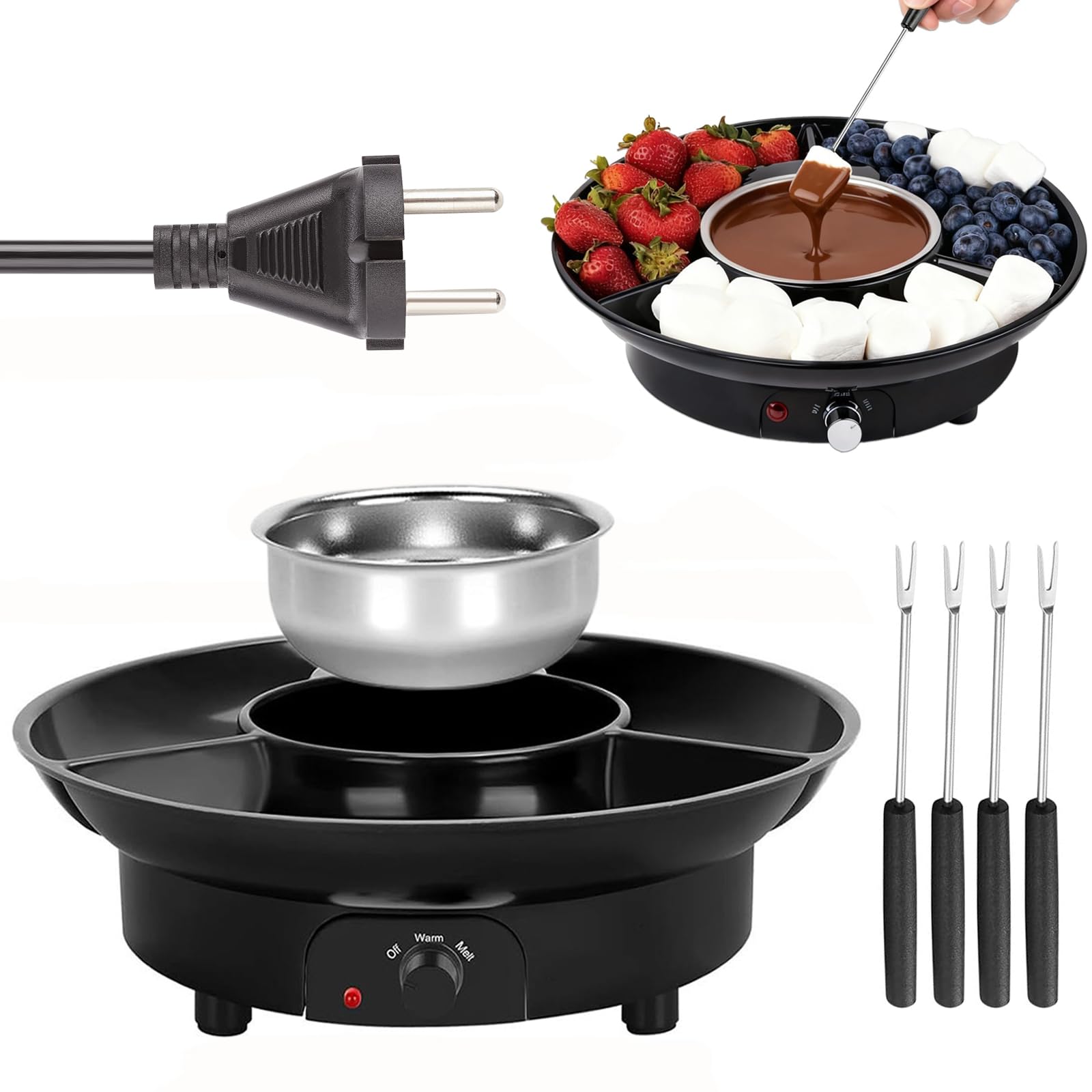 Set à Fondue au Chocolat Électrique 260 ML, Pot à Fondue Chocolat avec 2 Niveaux de Température, Casserole Amovible en Aluminium, Appareil à Fondue avec 4 Fourchettes, pour Fruits et Desserts