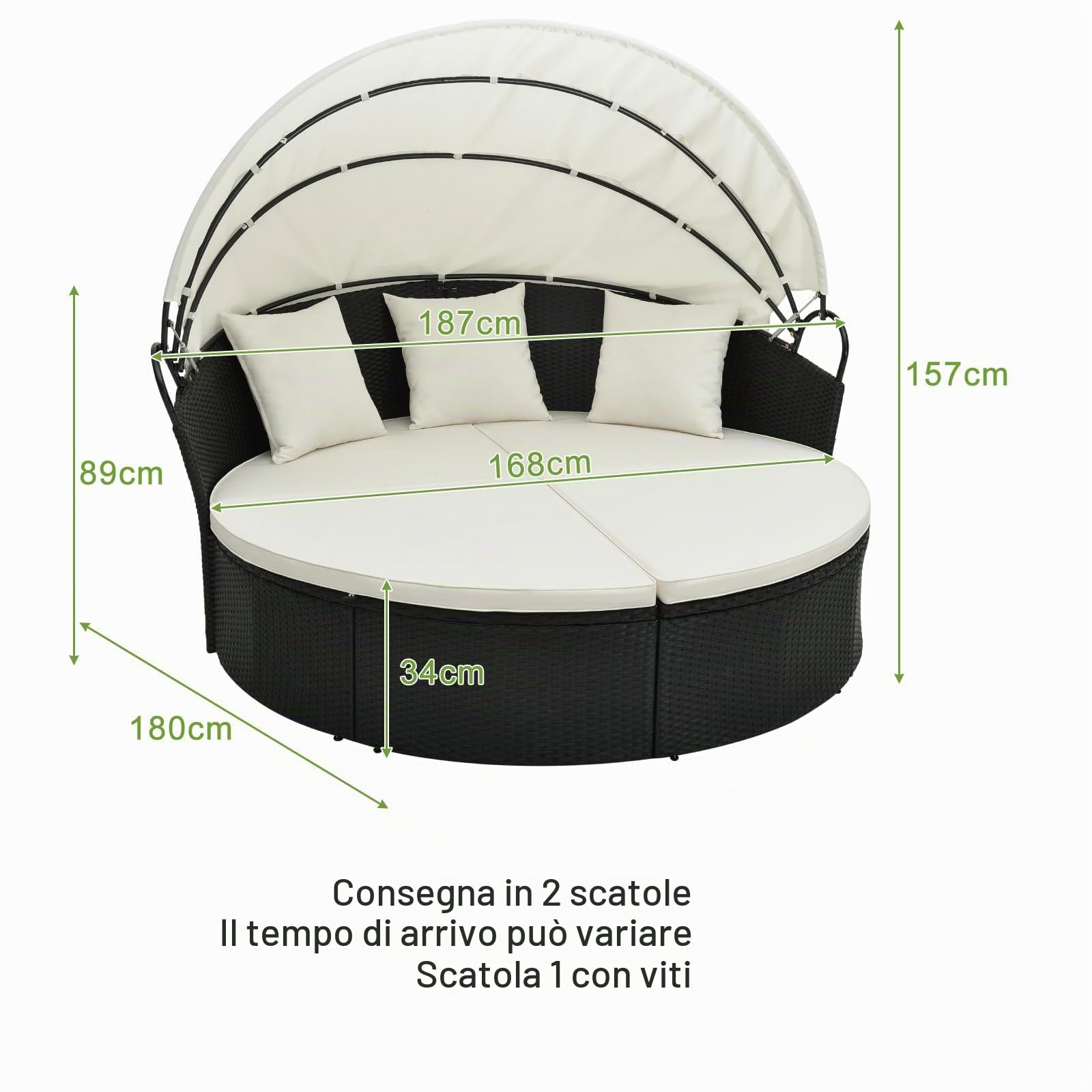 LIFEZEAL Set Giardino da Esterno in Rattan PE, Divano Rotondo in 4 Pezzi con Cuscini, Lounge Letto Matrimoniale con Tettuccio Parasole, Lettino Prendisole Max 360kg per Piscina e Cortile, 168x180x157