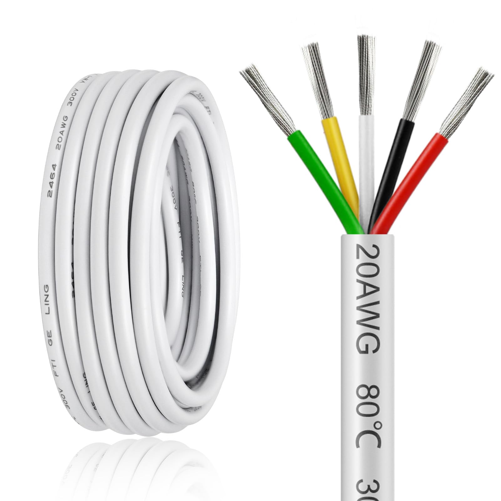 20FT 20 Gauge Wire 5 Conductor, 20AWG Electrical Wire, 20/5 Oxygen Free Stranded Tinned Copper Wire, Insulated Low Voltage Cable for LED Lamps Lights