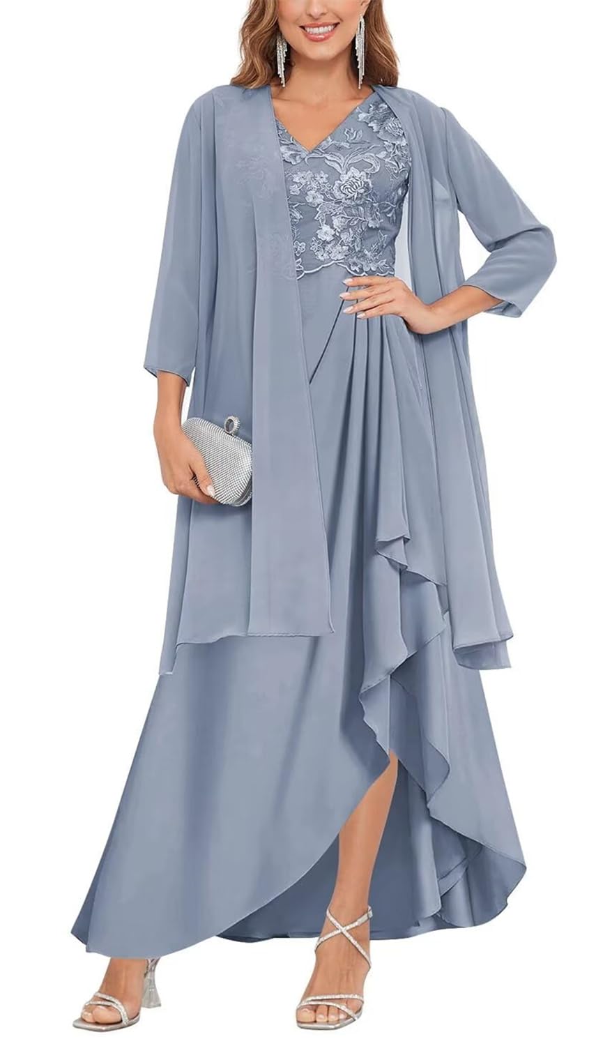 Dusty Blue Mother of The Groom Dresses Long Two Pieces Plus Size Chiffon Classy Mother of Bride Dress for Wedding UK24