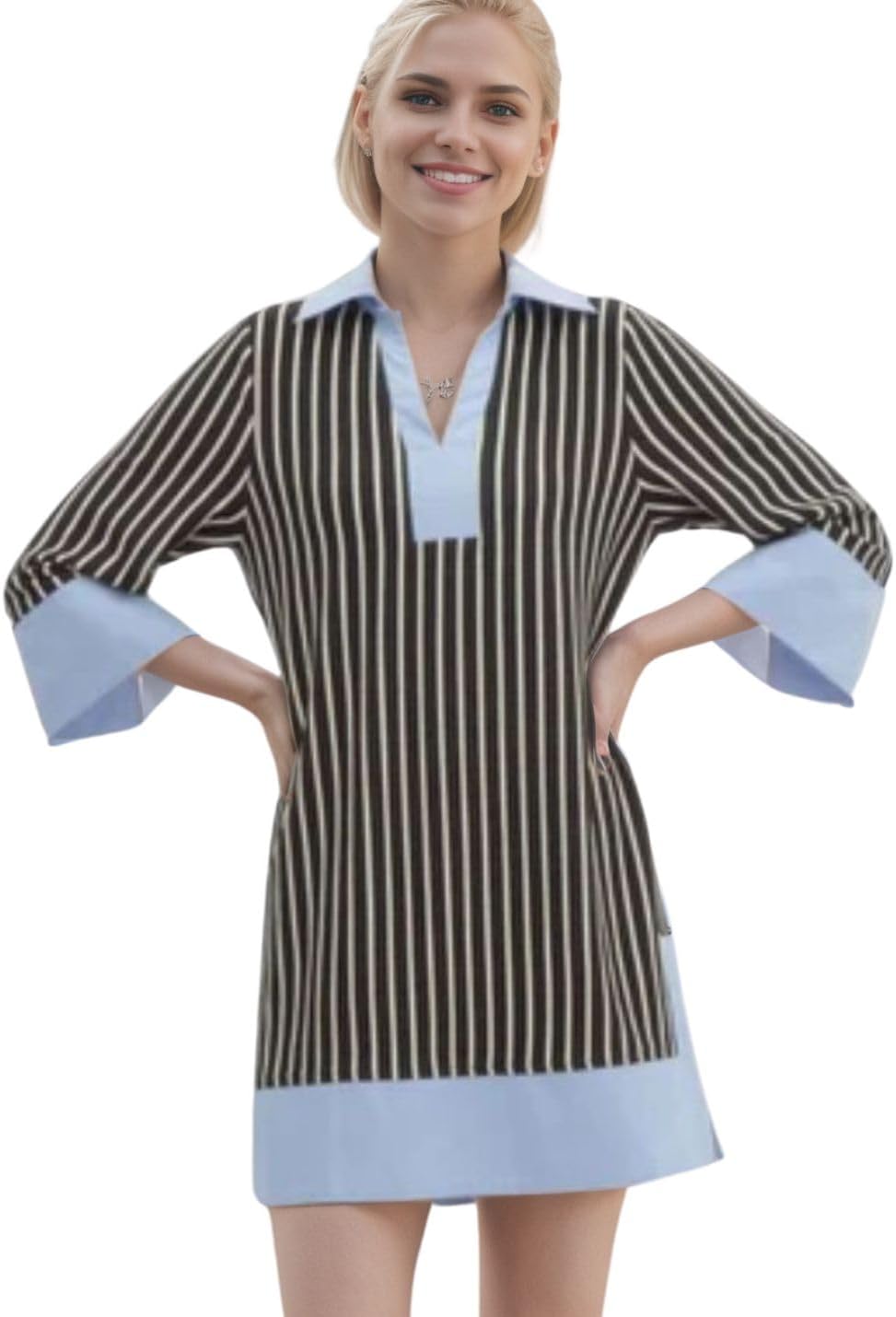 Kwoki Women's Striped Summer Mini Dress 2026 Casual Patchwork Lapel V Neck 3/4 Sleeve Elegant A Line T Shirt Dresses - Image 2