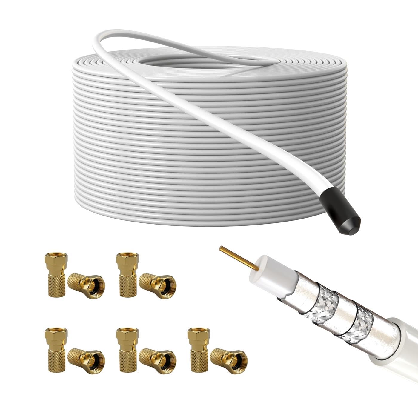 Lumonic Cavo antenna RG6 135dB 50m + 10x connettore F | Schermatura a 5 strati: niente più interferenze con le immagini | Cavo SAT, cavo coassiale Internet, cavo TV