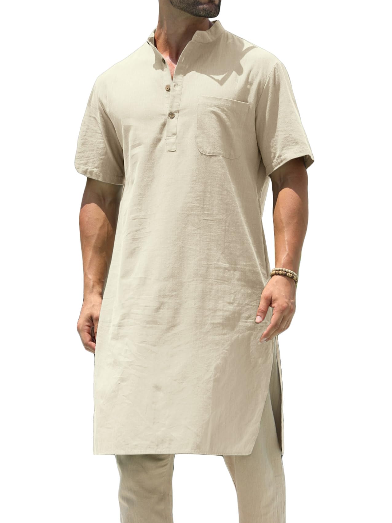 Mens Kurta Cotton Linen Henley Shirts Kaftan Short Sleeve Lounge Plain Gown Shirt