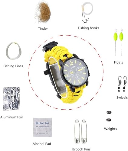 Miniatura 9 de Pulsera de supervivencia deportiva al aire libre, 7 núcleos Paracord Mountaineer Noctilucente Reloj de emergencia Herramientas de primeros auxilios