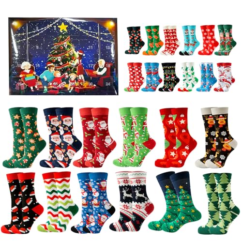 24 Paires Chaussettes De Noël,Calendrier de l'avent 2025,Calendrier de l'avent Chaussettes, Christmas Socks pour l'Avent et les fêtes de famille (B)
