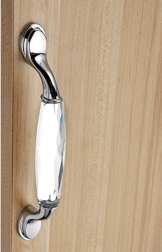 JUXYES Pack of 2 Crystal Cabinet Handles Pulls, Chrome Silver Glass Handle Decorative Drawer Pulls Modern Cupboard Door Handle Knobs for Dresser Drawer Cabinet Closet (5")
