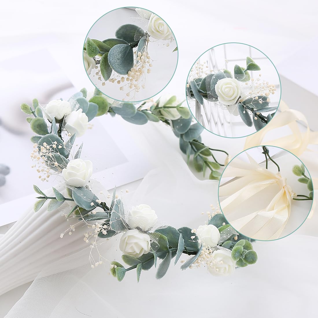 Beaupretty Ghirlanda Floreale Per Capelli Con Fiocco – Copricapo Azzurro Per Matrimoni, Feste E Servizi Fotografici