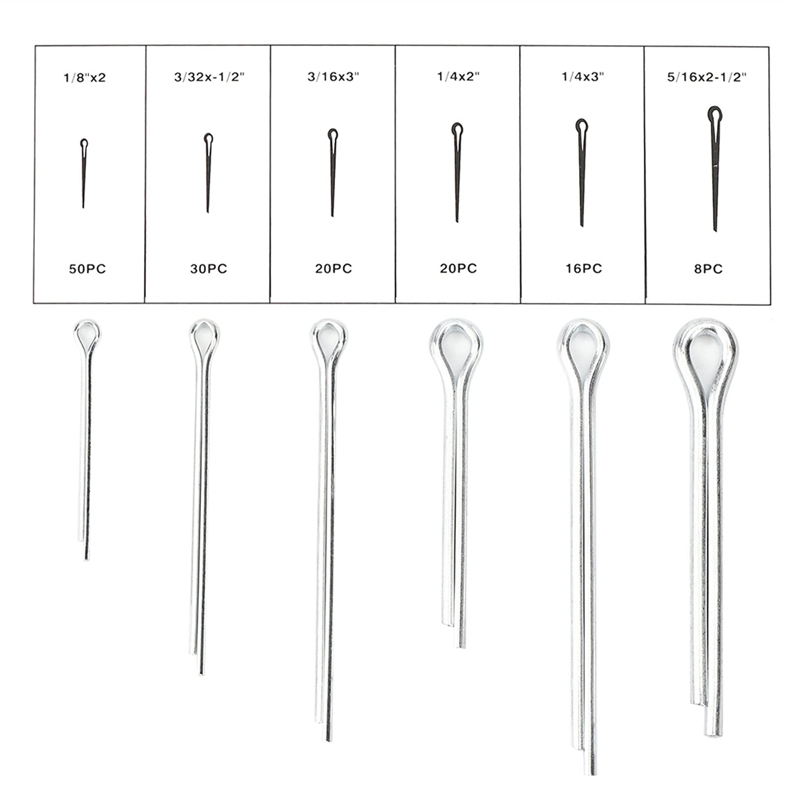 WQAZ Tornillos de Cabeza Hueca 144pcs Cotter Pin Surtido Conjunto Kit Galvanizado Hierro Resistencia a la corrosión Split Pins De Alta Resistencia y antioxidante.
