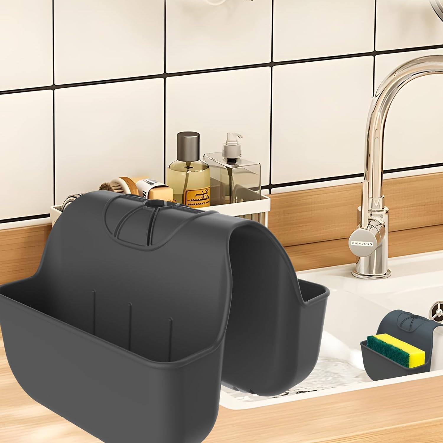 Jjcfyssn Black 1Pc Sponge Holder For Kitchen Sink, Silicone Saddle Caddy Organizer Rack, Sponges Holder Over Faucet, Hanging Kitchen Sink Organizer Accessories Rack Basket-（Black）