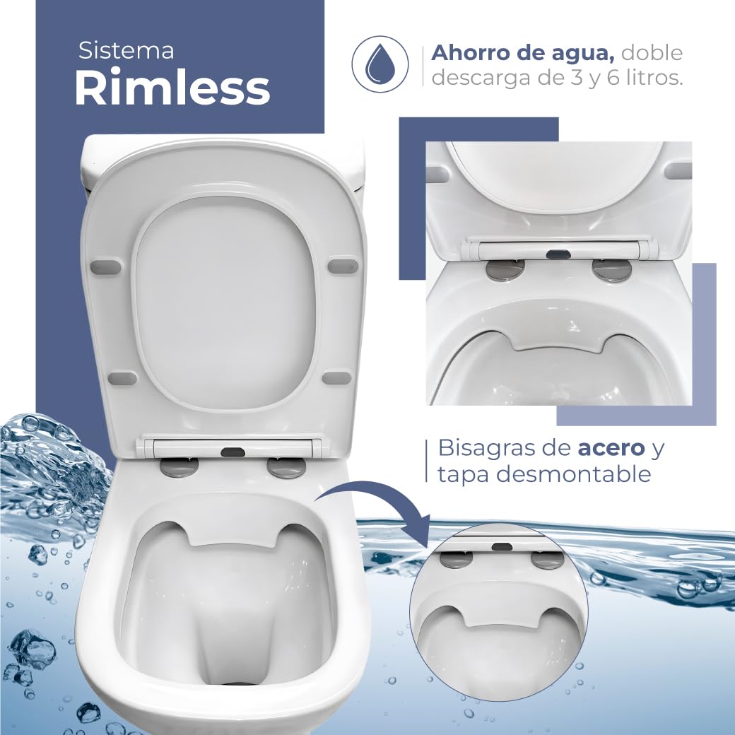 Inodoro Blanco, Wc Inodoro COMPLETO, Retrete para Hogar, Sistema RIMLESS ANTIBACTERIA, Tapa Dura Extrafina AMORTIGUADA, Salida Dual