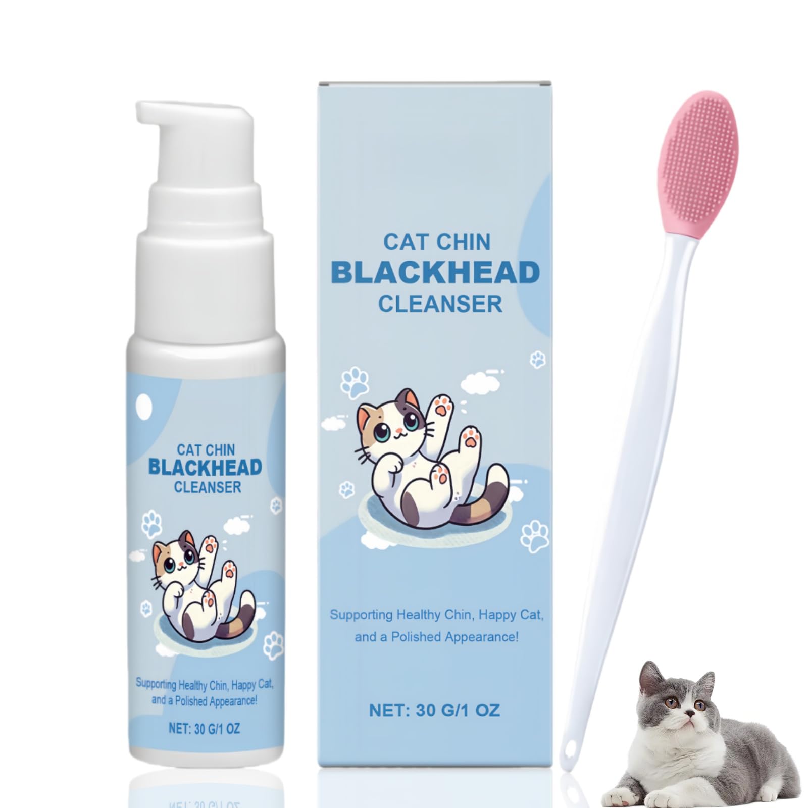 Cat Chin Acne Care Kit, Cat Chin Cleaner with Silicone Brush, Cat Acne Treatment & Blackhead Remover, Cat Self Groomer for Black Chin, Gently Cleans Chin Acne and Blackhead, Keeps Cat's Chin Clean