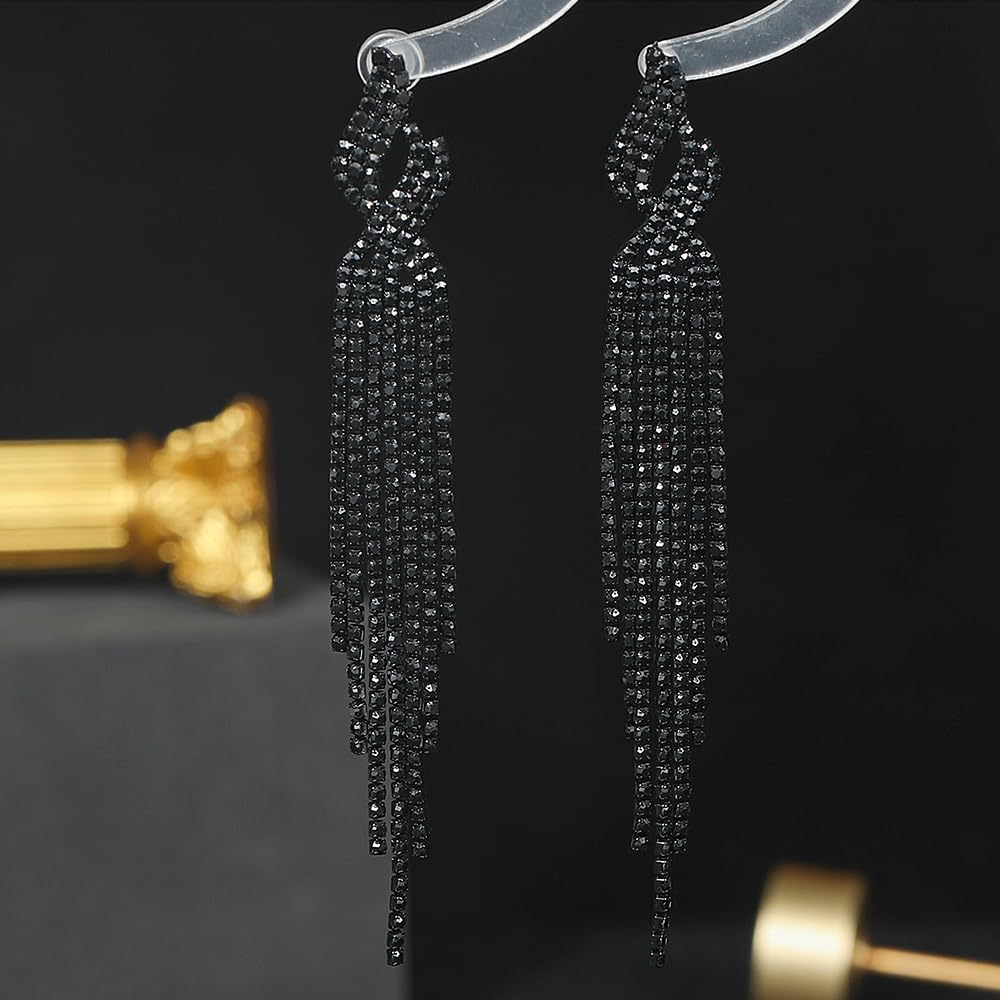 Long Rhinestone Tassel Statement Earrings for Women Bohemia Crystal Flower Leaf Dangle Earrings Minimalist Exaggerated Zircon Earrings Prom Jewelry (Black) - Image 4