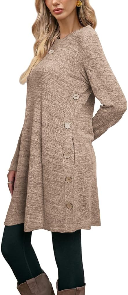 Poetsky Womens Tunic or Tops to Wear with Leggings Long Sleeve Side Buttons Swing Casual Long Shirts with Pockets S-3XL - Image 3