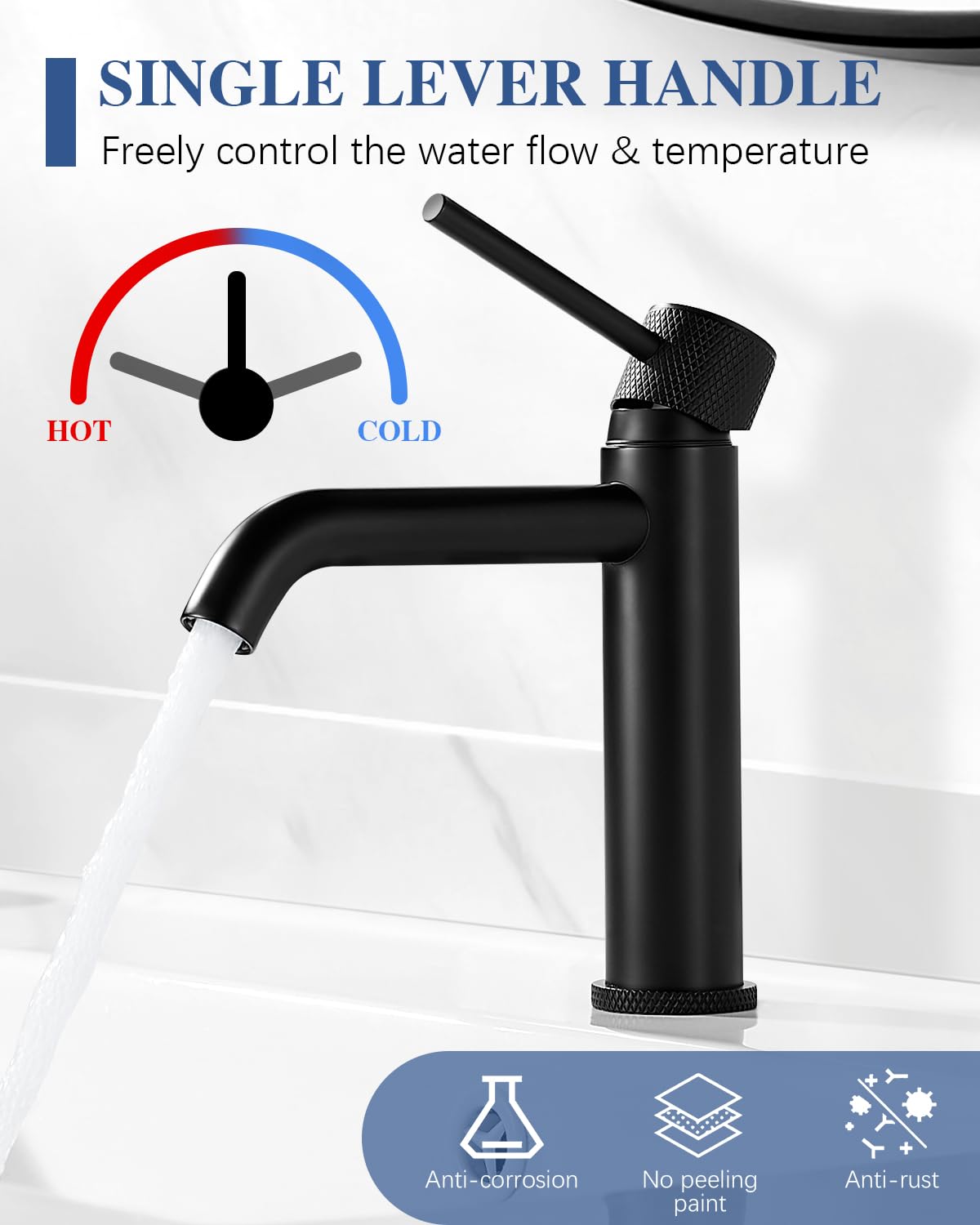 Wastafelmengkraan zwart, badkamer wastafel mengkraan, moderne monobloc garderobekraan, eengreeps wastafelkraan, ronde mengkranen voor koud en warm water met G1/2-slangen
