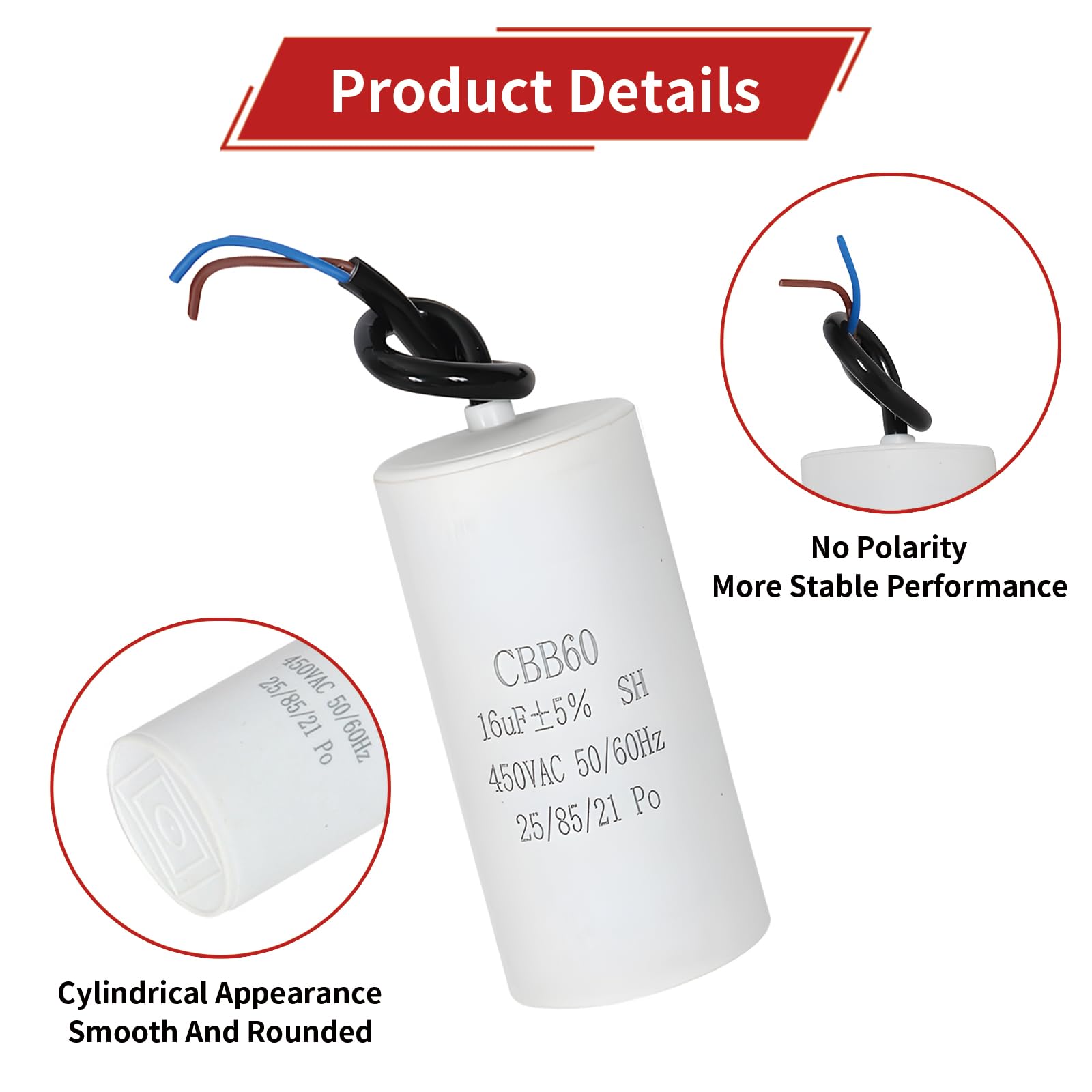 CBB60 450V 16μF Condensador Arranque Motor Monofásico 50/60Hz con Cables