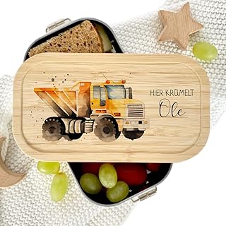 Manufaktur Liebevoll - Personalisierte Brotdose mit Fächern, Edelstahl Lunchbox mit Bambus Deckel u. Trenner, Nachhaltige Brotbüchse | Mädchen, Jungen | (Motiv Kipper, Edelstahl | S)